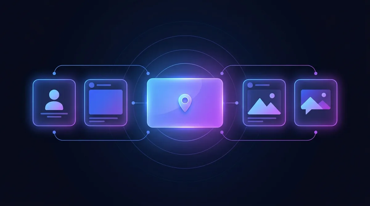 Glowing business profile card with a location pin, connected by light trails to a carousel of social media post cards